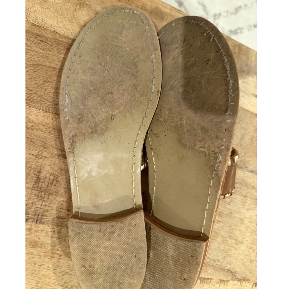 Jack Rogers Hamptons Flat Sandals Oak Brown Gold Whipstitch Leather Thong Slides - Picture 4 of 4